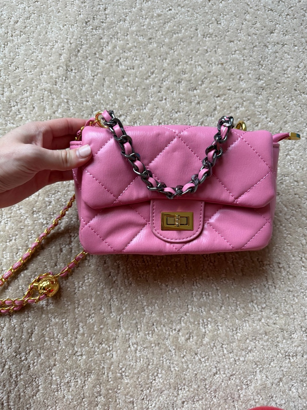 Pink Quilted Chain-Accent Crossbody Bag